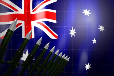 Cruise füzeleri, arka planda Avustralya bayrağı - savunma konsepti - 3D illüstrasyon