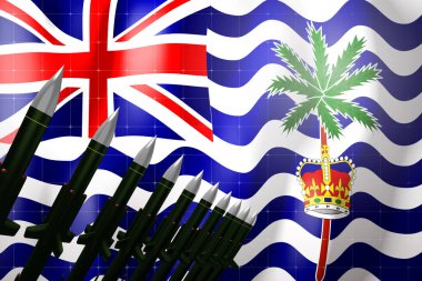 Cruise füzeleri, arka planda İngiliz Hint Okyanusu Bölgesi bayrağı - savunma konsepti - 3 boyutlu illüstrasyon