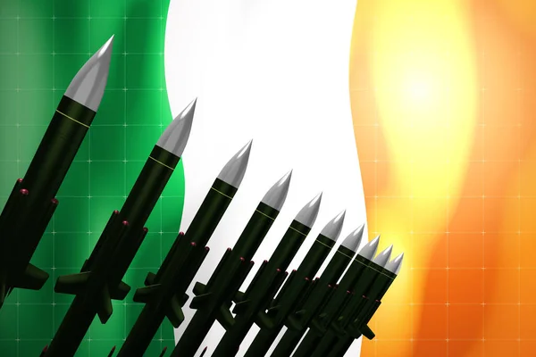 Cruise missiles, flag of Ireland in background - defense concept - 3D illustration