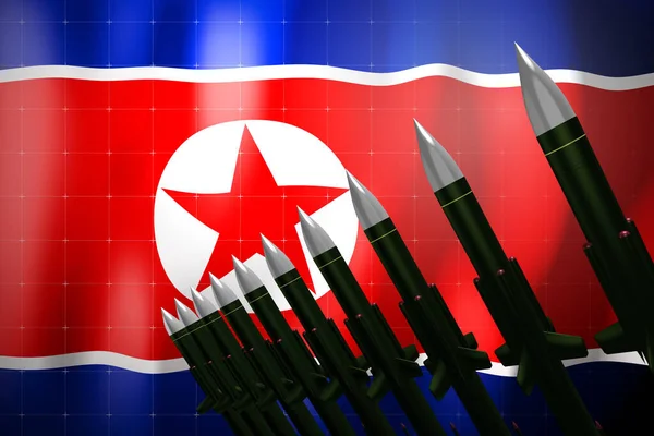 Cruise missiles, flag of North Korea in background - defense concept - 3D illustration