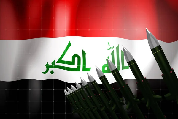 巡航导弹 背景下的伊拉克国旗 防御概念 3D图解 — 图库照片
