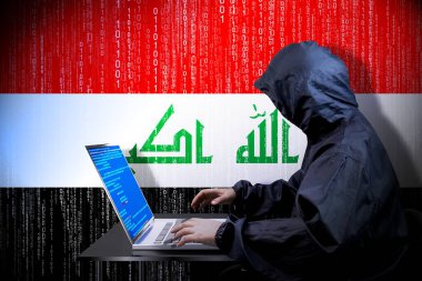 İsimsiz başlıklı hacker, Irak bayrağı, ikili kod - siber saldırı konsepti