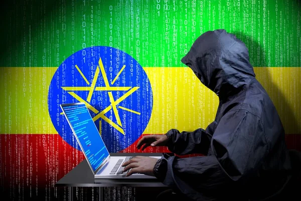 Анонімний Єднаний Хакер Прапор Ефіопії Концепція Бінарного Коду Кібер Атаки — стокове фото