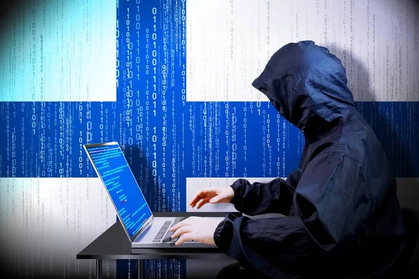 Anonymous Hooded Hacker Flag Finland Binary Code Cyber Attack Concept — Stock Photo, Image