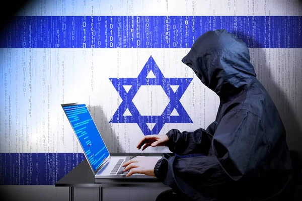 Anonymer Hacker Mit Kapuze Flagge Israels Binärer Code Konzept Für — Stockfoto