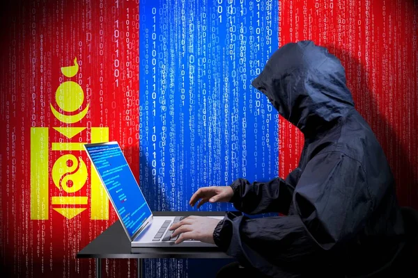 Anónimo Hacker Encapuchado Bandera Mongolia Código Binario Concepto Ataque Cibernético —  Fotos de Stock
