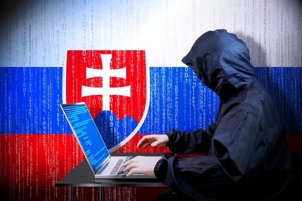Anonymous Hooded Hacker Flag Slovakia Binary Code Cyber Attack Concept — Stock Photo, Image