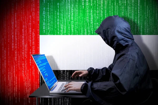 Anónimo Hacker Encapuchado Bandera Emiratos Árabes Unidos Código Binario Concepto —  Fotos de Stock