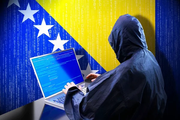 Anónimo Hacker Encapuchado Bandera Bosnia Herzegovina Código Binario Concepto Ataque —  Fotos de Stock