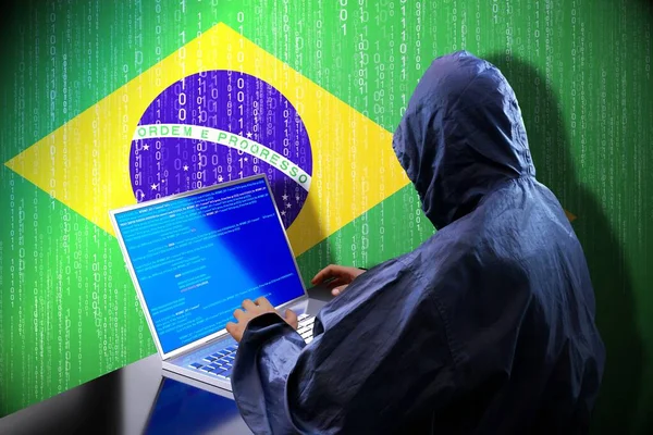 Anónimo Hacker Encapuchado Bandera Brasil Código Binario Concepto Ataque Cibernético —  Fotos de Stock