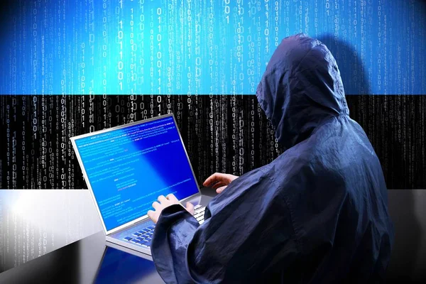 Anónimo Hacker Encapuchado Bandera Estonia Código Binario Concepto Ataque Cibernético —  Fotos de Stock