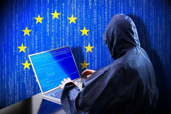 İsimsiz başlıklı hacker, Avrupa Birliği bayrağı, ikili kod - siber saldırı konsepti