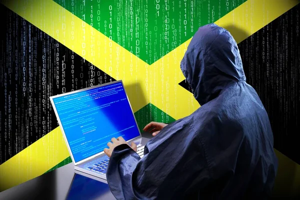 Anónimo Hacker Encapuchado Bandera Jamaica Código Binario Concepto Ataque Cibernético —  Fotos de Stock