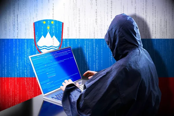 Anonymous Hooded Hacker Flag Slovenia Binary Code Cyber Attack Concept — Stock Photo, Image