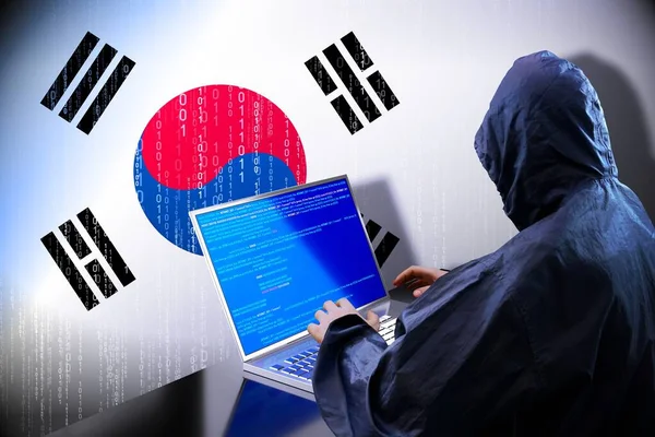 Anonymer Hacker Mit Kapuze Flagge Südkoreas Binärer Code Konzept Für — Stockfoto