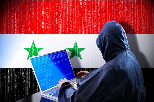 Anonymer Hacker Mit Kapuze Flagge Syriens Binärer Code Konzept Für — Stockfoto