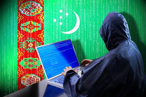 Anónimo Hacker Encapuchado Bandera Turkmenistán Código Binario Concepto Ataque Cibernético —  Fotos de Stock