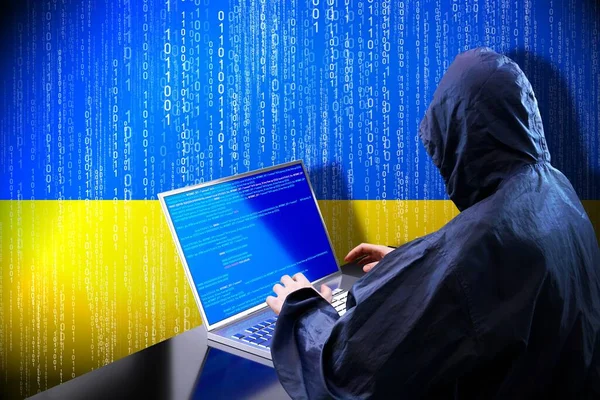Anónimo Hacker Encapuchado Bandera Ucrania Código Binario Cyber —  Fotos de Stock