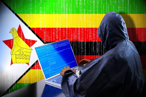 Anonymous Hooked Hacker Flag Zimbabwe Binary Code Cyber Attack Concept — стокове фото
