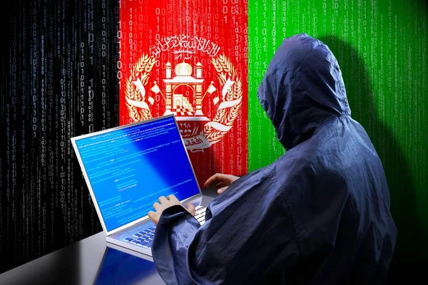 Anonieme Hooded Hacker Vlag Van Afghanistan Binaire Code Cyber Aanval — Stockfoto