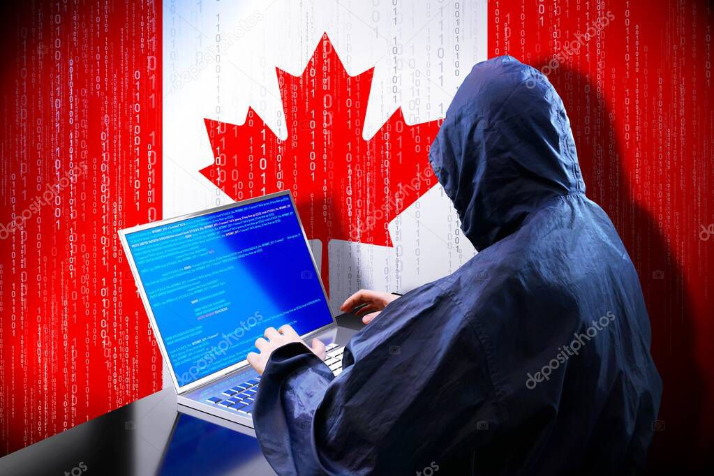 Anonymous hooded hacker, flag of Canada, binary code - cyber attack concept