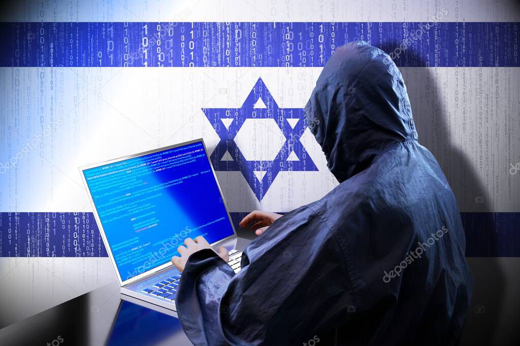 Anonymous hooded hacker, flag of Israel, binary code - cyber attack concept