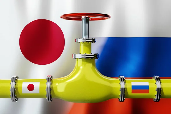 天然气管道 日本和俄罗斯国旗 3D插图 — 图库照片