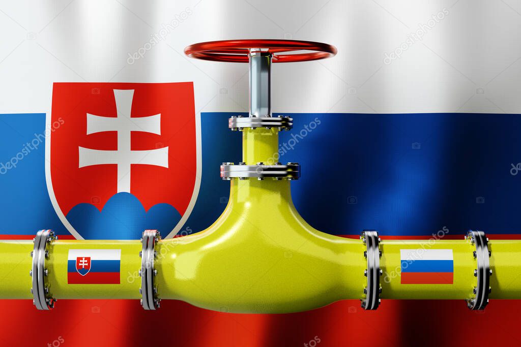 Gas pipeline, flags of Slovakia and Russia - 3D illustration