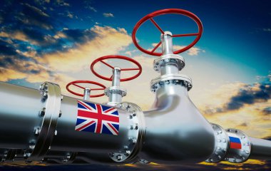 Gaz boru hattı, Birleşik Krallık ve Rusya bayrakları - 3D illüstrasyon