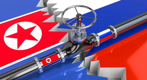 Gas pipeline, flags of North Korea and Russia - 3D illustration