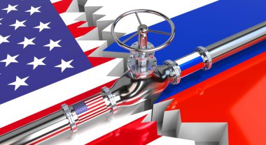 Gaz boru hattı, ABD ve Rusya bayrakları - 3D illüstrasyon