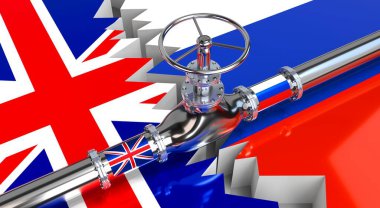 Gaz boru hattı, Birleşik Krallık ve Rusya bayrakları - 3D illüstrasyon