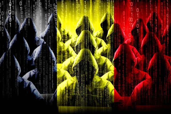Anoniem Hooded Hackers Vlag Van België Binaire Code Cyber Attack — Stockfoto