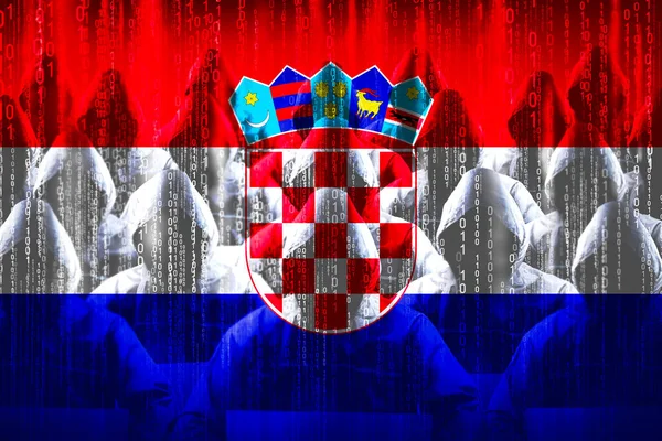 Anonymní Maskovaní Hackeři Vlajka Chorvatska Binární Kód Koncept Kybernetického Útoku — Stock fotografie