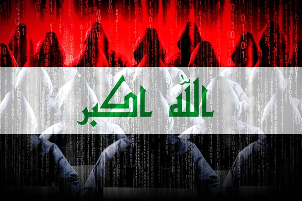 Hacker Incappucciati Anonimi Bandiera Dell Iraq Codice Binario Concetto Attacco — Foto Stock