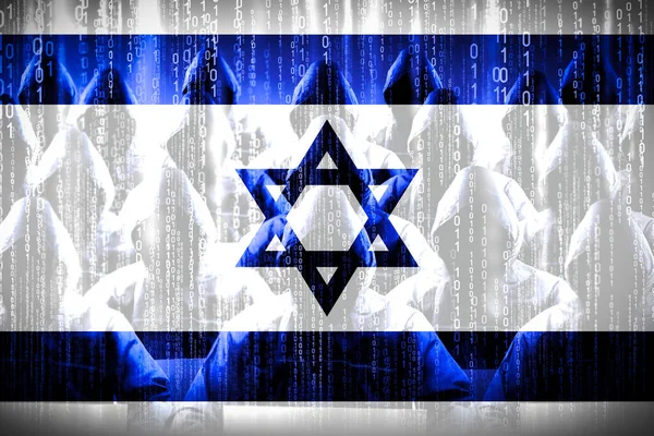 Hackers Con Capucha Anónimos Bandera Israel Código Binario Concepto Ataque — Foto de Stock