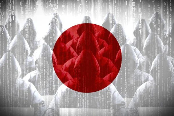 Anonymous hooded hackers, flag of Japan, binary code - cyber attack concept