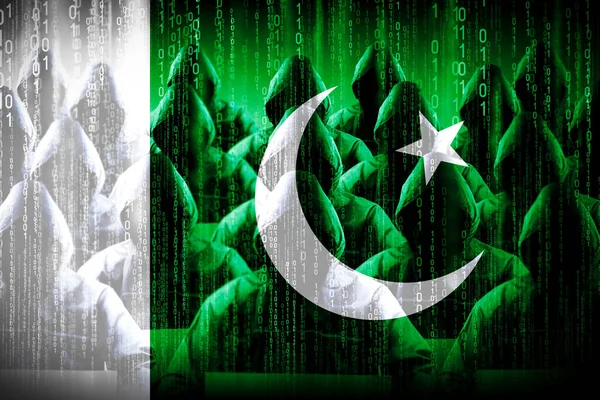 Anoniem Hooded Hackers Vlag Van Pakistan Binaire Code Cyber Aanval — Stockfoto