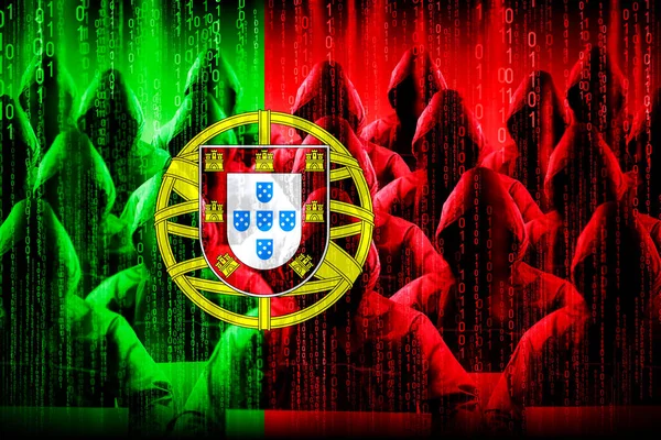 Hackers Con Capucha Anónimos Bandera Portugal Código Binario Concepto Ataque — Foto de Stock