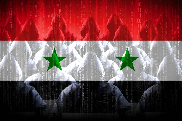 Hackers Com Capuz Anônimo Bandeira Síria Código Binário Conceito Ataque — Fotografia de Stock