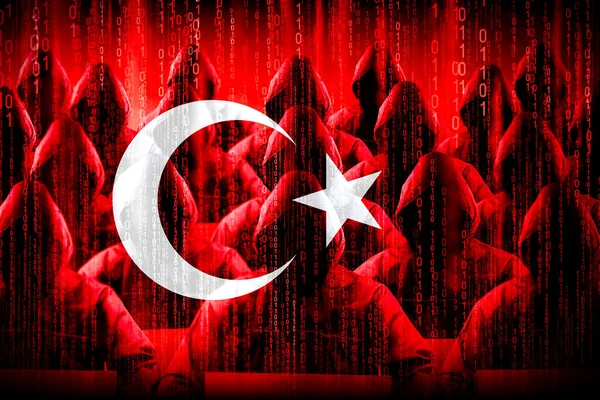 Hackers Con Capucha Anónimos Bandera Turquía Código Binario Concepto Ataque — Foto de Stock