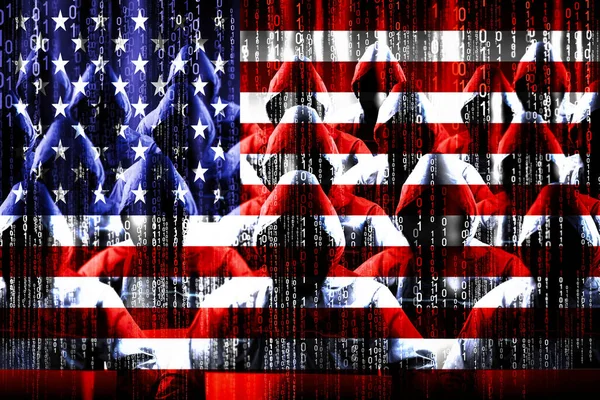 Hackers Con Capucha Anónimos Bandera Estados Unidos América Código Binario — Foto de Stock