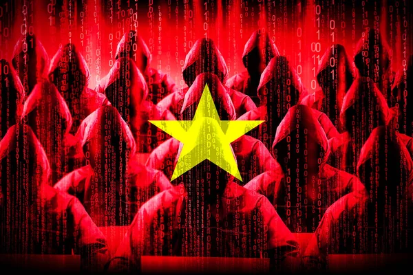 Hacker Berkerudung Anonim Bendera Vietnam Kode Biner Konsep Serangan Cyber — Stok Foto