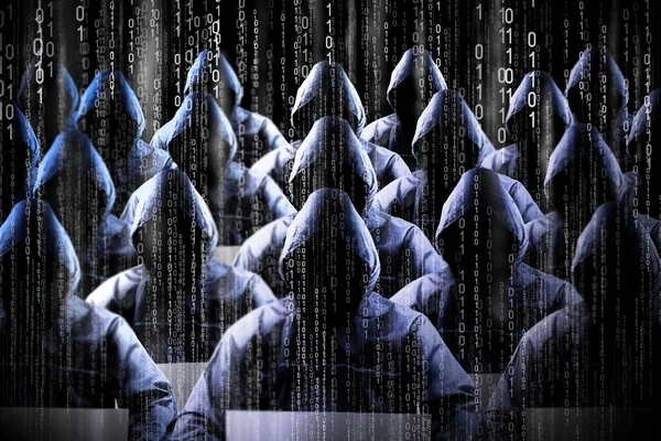 Анонімні Капюшоном Хакери Чорний Фон Бінарний Код Концепція Кібератаки — стокове фото
