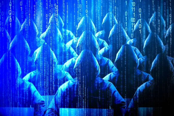 Анонімні Капюшоном Хакери Синій Фон Бінарний Код Концепція Кібератаки — стокове фото
