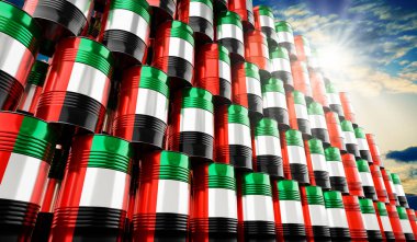 Birleşik Arap Emirlikleri bayrağı taşıyan petrol varilleri - 3 boyutlu illüstrasyon