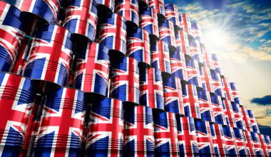 Birleşik Krallık bayrağı taşıyan petrol varilleri - 3 boyutlu illüstrasyon