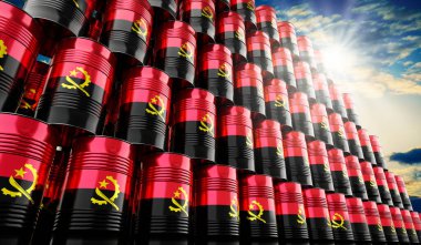 Angola bayrağı taşıyan yağ varilleri - 3 boyutlu illüstrasyon