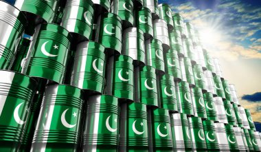 Pakistan bayrağı taşıyan petrol varilleri - 3 boyutlu illüstrasyon