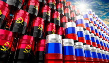 Rusya ve Angola 'nın bayraklı petrol varilleri - 3 boyutlu illüstrasyon